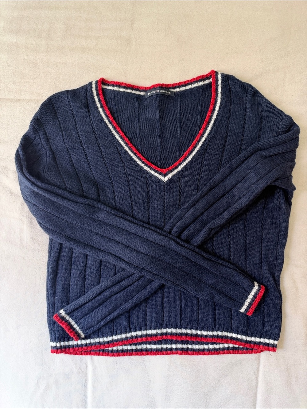 Brandy Melville Navy Ribbed V-Neck Varsity Sweater Red White Stripe